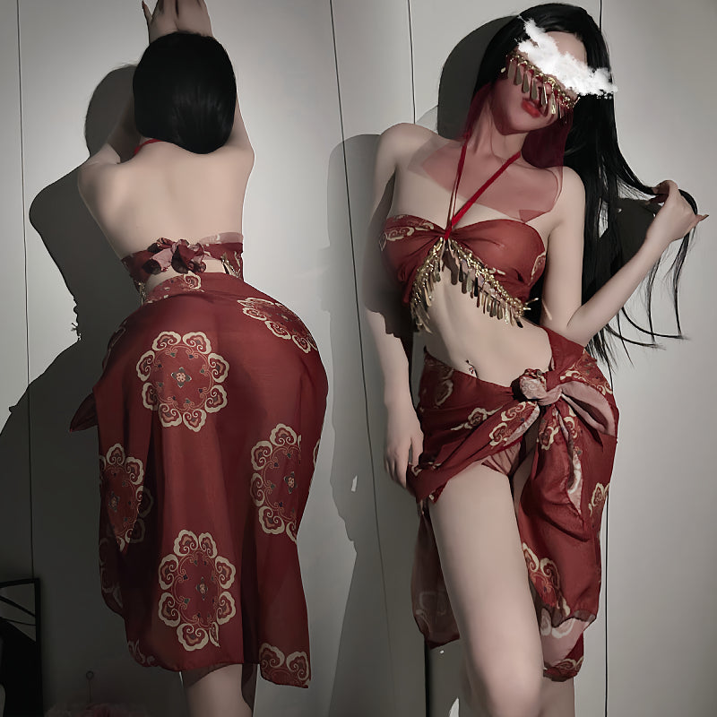复古风敦煌飞天异域风情挂脖文胸高开叉免脱短制服诱惑